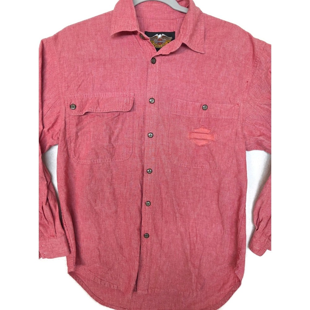 Harley-Davidson Shirt Mens Small Red Chambray Long Sleeve Button Front Biker‎
